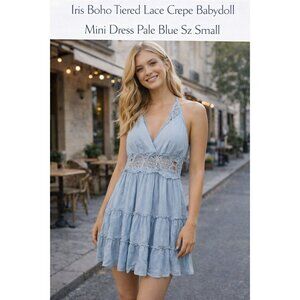 Iris Boho Tiered Lace Crepe Babydoll Mini Dress Pale Blue Sz Small Fairycore